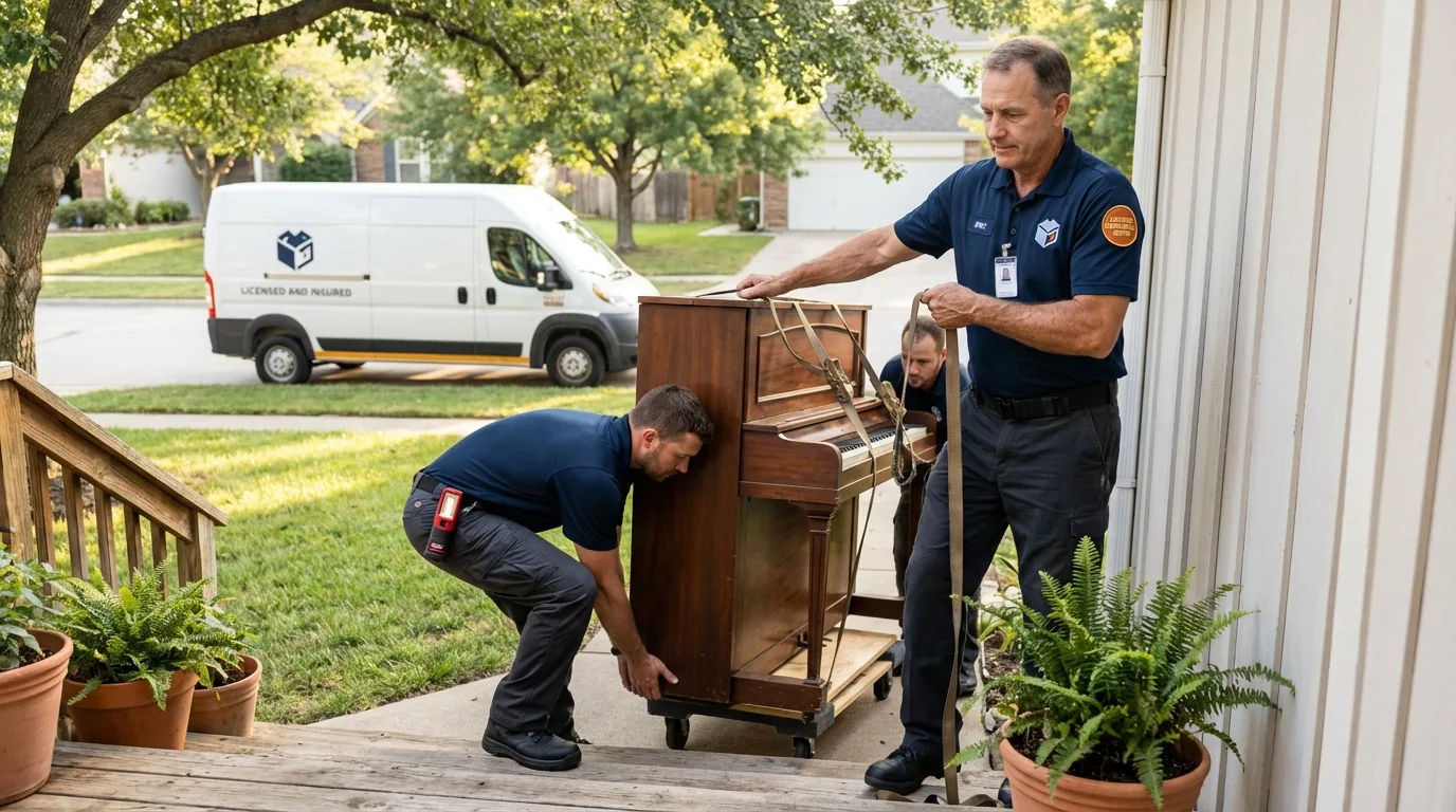 Licensed piano movers securing grand piano in Lexington, MO