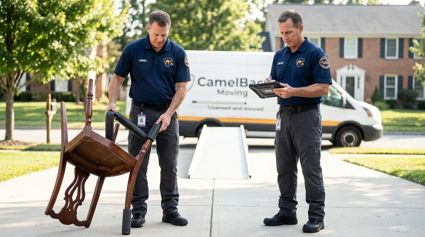 Movers inspecting furniture for damage prevention before loading in Lexington, MO