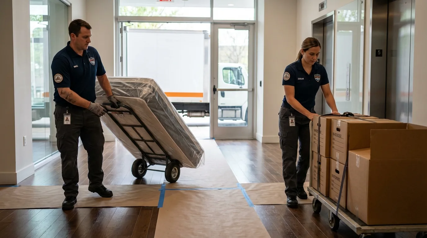 Professional apartment movers loading elevator in Lexington, MO